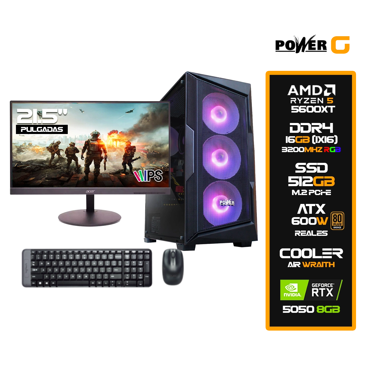 Potente Computador Gamer con AMD Ryzen 5 5600XT DDR4-16GB 3200MHZ RGB SSD 512GB PCIe NVIDIA GeForce RTX 5050 8GB Rendimiento óptimo para tareas exigentes. Computador Gamer AMD Ryzen 5 5600XT