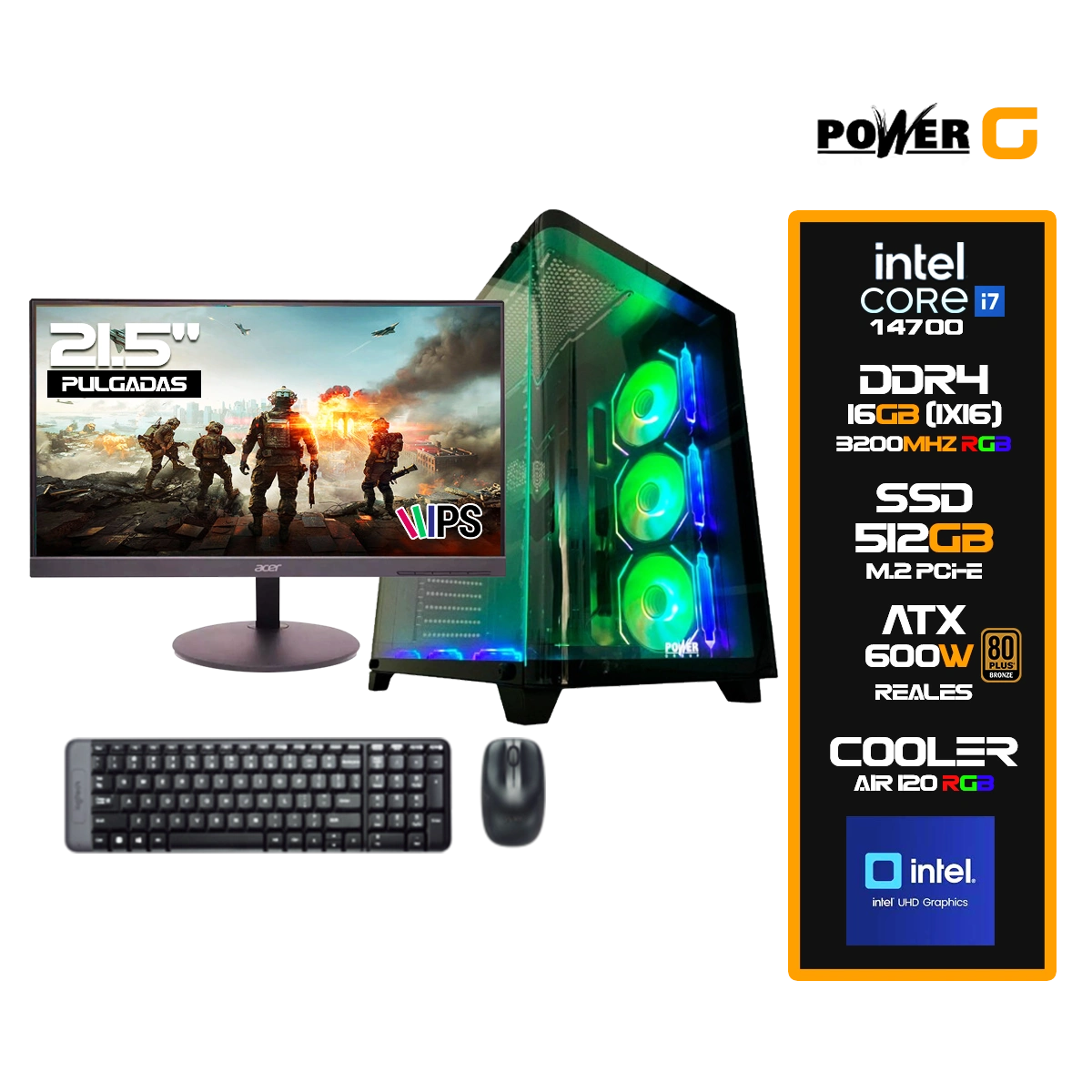 Potente Computador Gamer con Intel Core i7-14700 DDR4-16GB 3200MHZ RGB SSD 512GB PCIe Intel UHD 770 Rendimiento óptimo para tareas exigentes. Computador Gamer Intel Core i7-14700