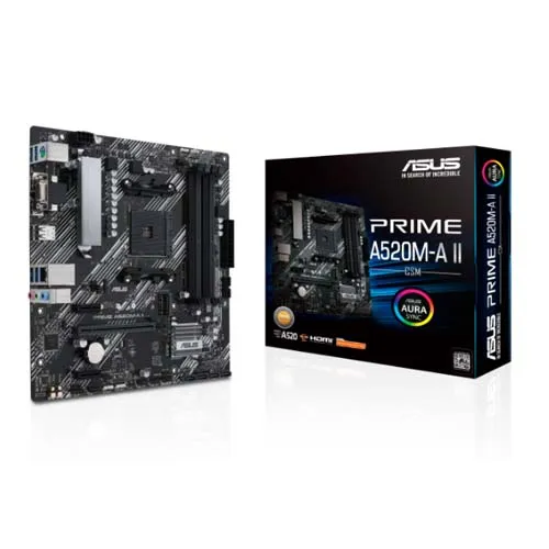 Imagen frontal de la motherboard ASUS PRIME A520M-A II/CSM AM4 mostrando diseño y puertos
