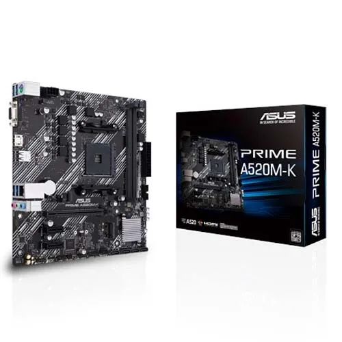 Vista principal del modelo ASUS PRIME A520M-K AM4 con puertos y componentes destacados