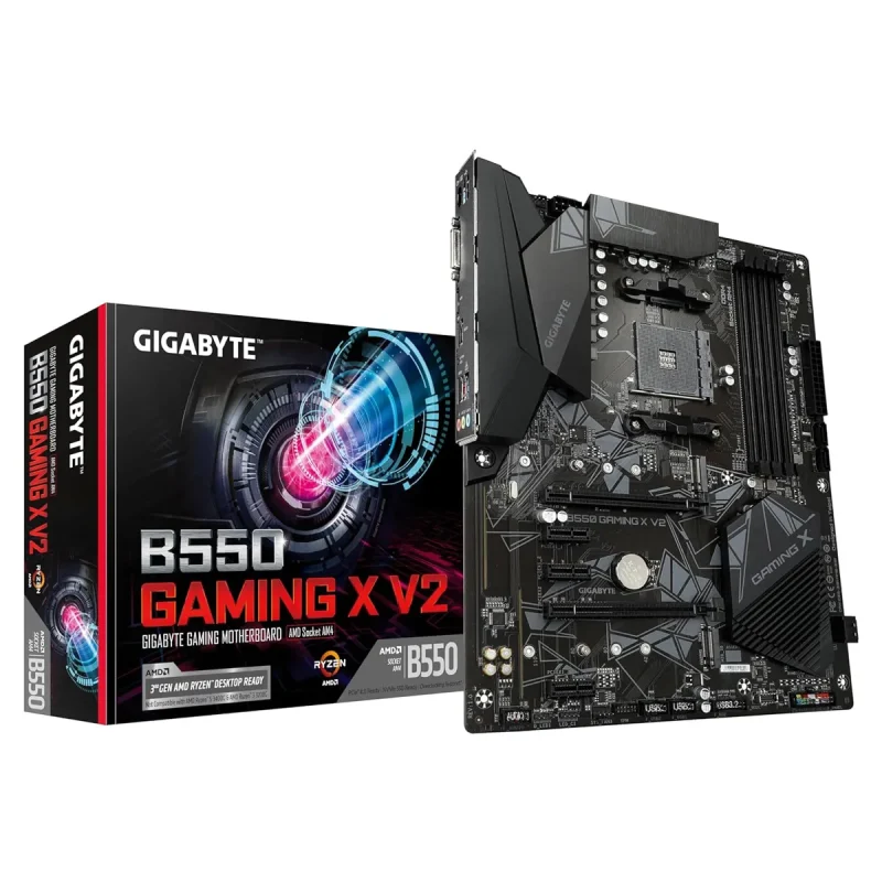 Imagen principal del motherboard Gigabyte B550 GAMING X V2 AM4 con diseño gamer actualizado.