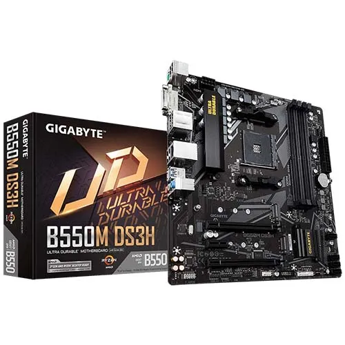 Vista general de la motherboard B550M DS3H AM4 en presentación microATX.