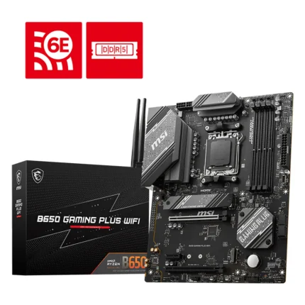 Vista frontal B650 GAMING PLUS WIFI con antenas y disipadores