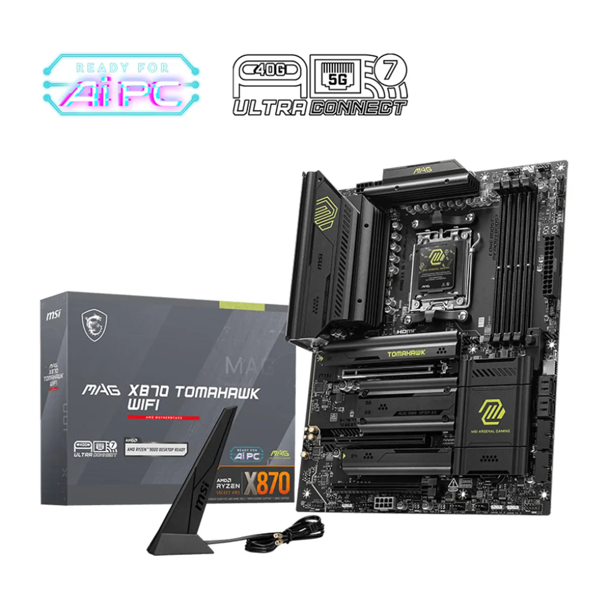 Imagen principal MAG X870 TOMAHAWK WIFI para gamers exigentes Vista frontal MAG X870 TOMAHAWK WIFI con antenas WiFi 7 visibles