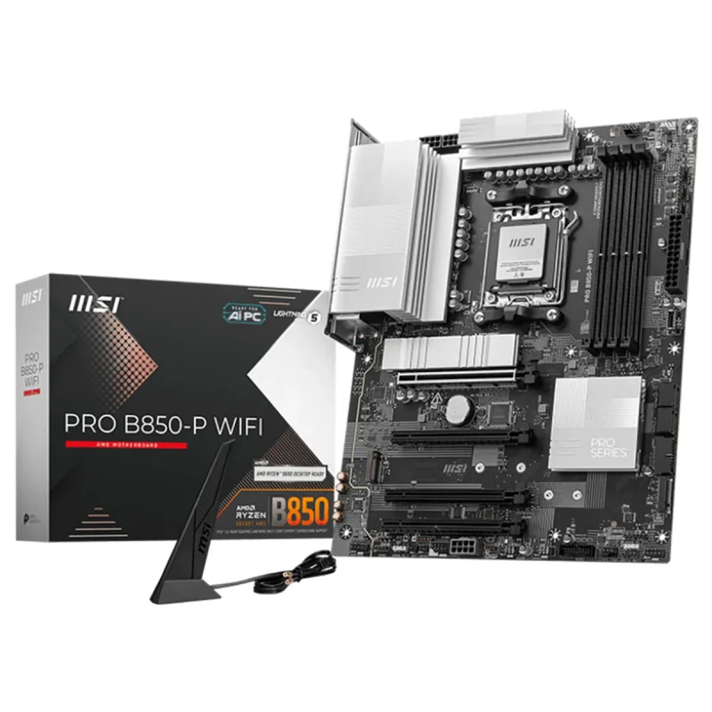 Vista frontal PRO B850-P WIFI con antenas WiFi y disipadores